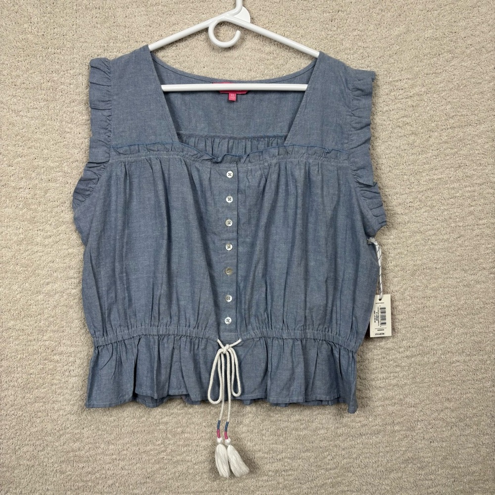 Simply Southern Top X-Large Blue Smocked Ruffle Chambray Blouse 100% Cotton - Picture 2 of 10